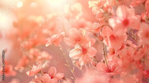 The image shows a beautiful close-up of a pink cherry blossom tree in full bloom against a blurred background.