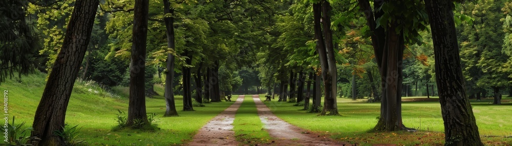 The image shows a beautiful park with a tree-lined path. The trees are tall and green, and the path is wide and inviting. The park is perfect for a leisurely stroll or a picnic.