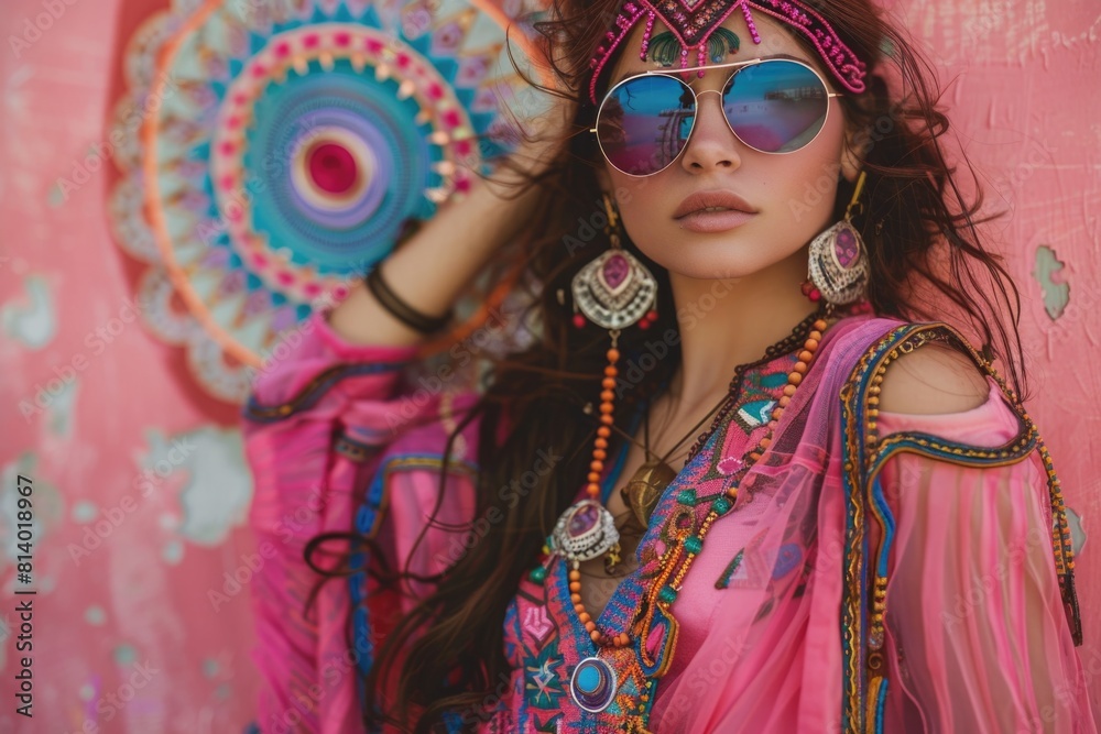 Fototapeta premium A woman wearing sunglasses and a pink dress. Perfect for fashion or summer-themed designs