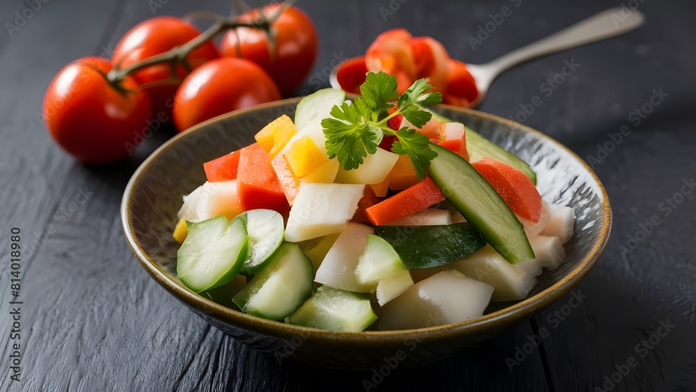 a bowl of salad with tomatoes and onions on it. Generative AI. a bowl of salad with tomatoes and onions on it. Generative AI.