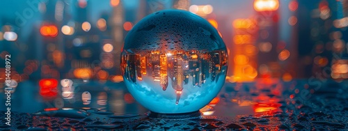 A crystal ball on a wet surface reflects a cityscape, bokeh lights, and a twilight sky. photo