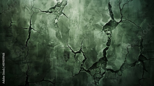 The image shows a dark, cracked wall with a green tint. The cracks are jagged and uneven, and the wall appears to be in a state of disrepair. photo