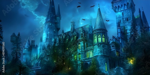 Gothic Castle at Night  Pointed Tower Roofs  Glowing Windows  Bats  and Ghostly Atmosphere. Concept Gothic Architecture  Night Photography  Spooky Themes  Creepy Atmosphere  Castle Exploration