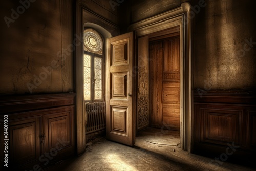 Eerie old room with a doorway leading to unknown  illuminated by the light through a round window