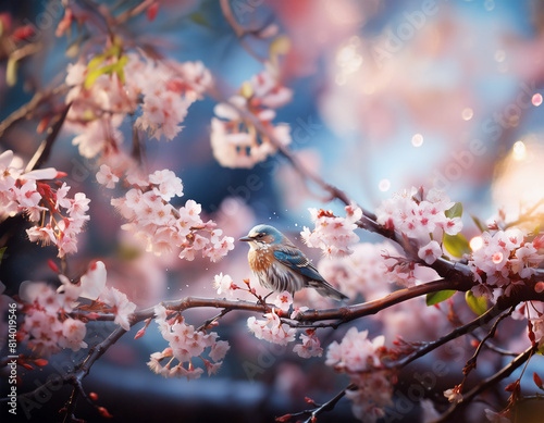 Sunny pink cherry blossom at blue sky background. Beautiful outdoor nature background
