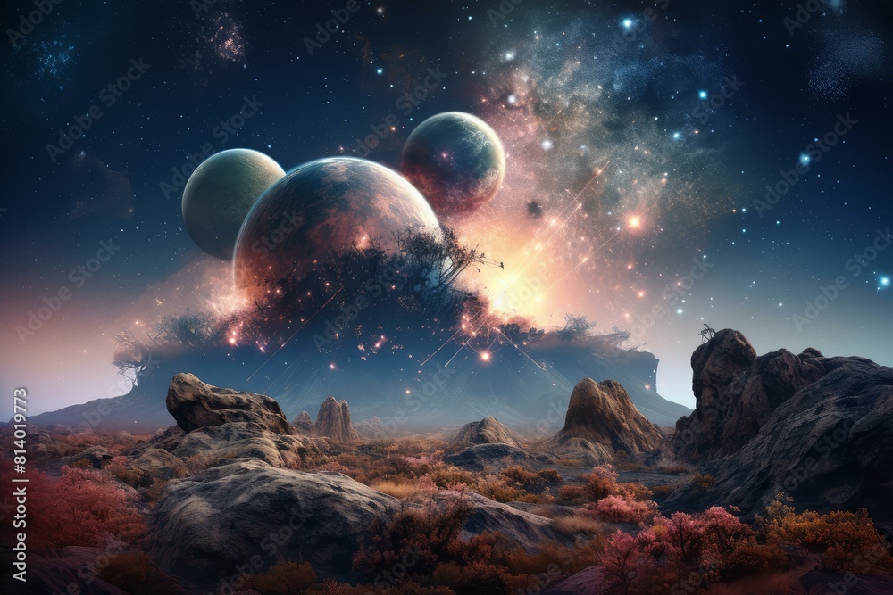 Surreal space fantasy landscape with digital art of planets and a starry sky in the outer cosmos. Creating a mystical and otherworldly scene Surreal space fantasy landscape with digital art of planets and a starry sky in the outer cosmos. Creating a mystical and otherworldly scene