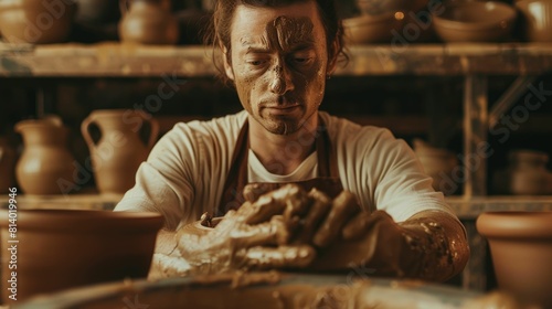 The picture of the professional potter working inside the workshop about molding the clay into the pot  the potter require skills like accuracy  experience  training and attention to detail. AIG43.