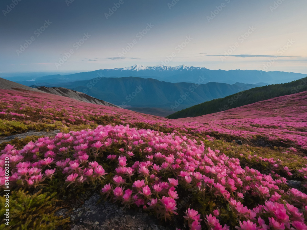 Summer scenery. From the lawn covered with pink rhododendrons the picturesque view is opened to high mountains, valley, sunrise with magic sky. Location Carpathian mountain, Ukraine, Europe.