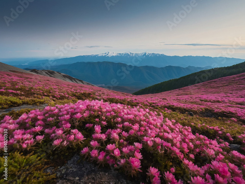 Summer scenery. From the lawn covered with pink rhododendrons the picturesque view is opened to high mountains  valley  sunrise with magic sky. Location Carpathian mountain  Ukraine  Europe.