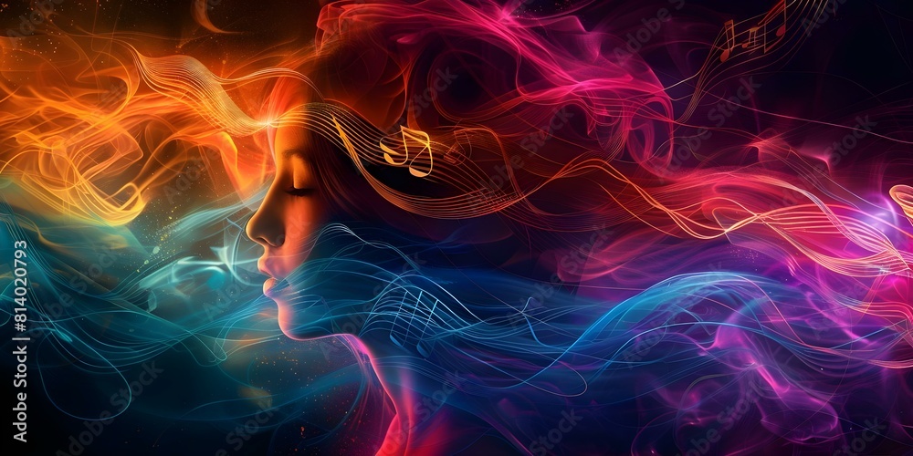 Digital art shows person relieving stress through colorful expression with music notes. Concept Stress Relief, Music Therapy, Expression Through Art, Digital Illustration, Vibrant Colors Digital art shows person relieving stress through colorful expression with music notes. Concept Stress Relief, Music Therapy, Expression Through Art, Digital Illustration, Vibrant Colors