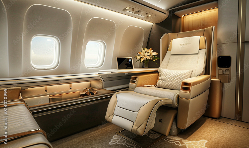 Fototapeta premium This exclusive armchair in the business cabin of an airplane is the quintessence of comfort and prestige. Its elegant appearance and excellent finish make traveling a real pleasure.