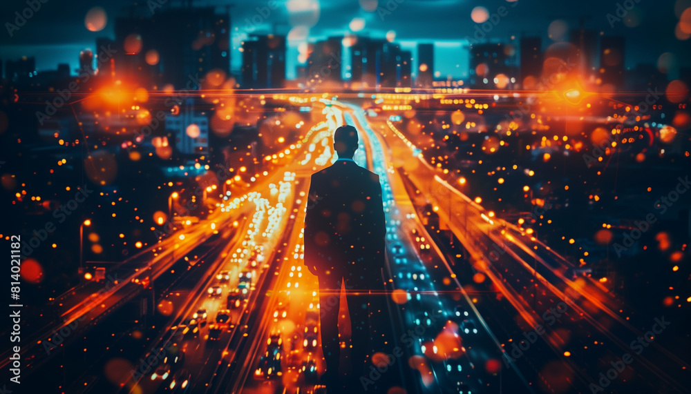 of a business leader’s silhouette combined with the glowing lights of a city’s busy highway, representing direction and movement in business, business, vibrant city, lights backgro