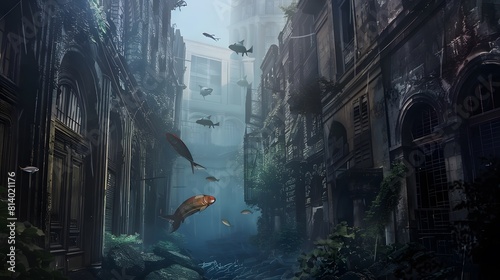 flooded city street. Fish swimming through the streets, making their way through the once bustling city © Felippe Lopes