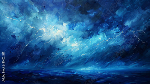 Oil painting of a summer storm, using deep navy and bright light blue to mimic the striking of lightning. photo