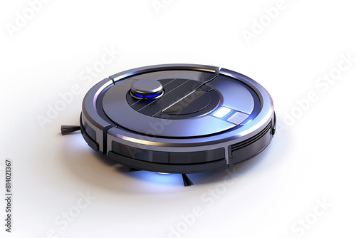 A smart robotic vacuum cleaner with voice control and mapping technology isolated on a solid white background.