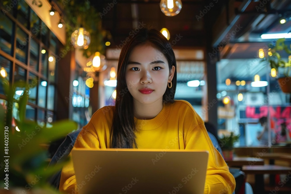 Successful Asian woman working on laptop in modern office space. Successful Asian woman working on laptop in modern office space.