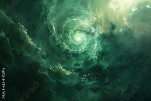 Ethereal Cosmic Vortex of Radiant Energetic Pulses in Serene Minimalist Green Hues
