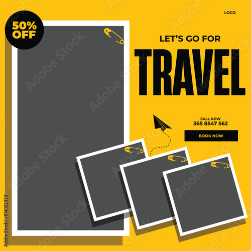 Travel sale social media post template. Summer beach holiday promotion banner design.