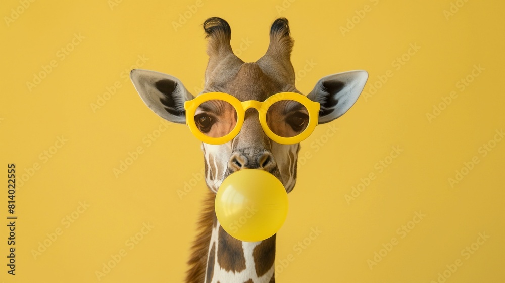 Fototapeta premium Quirky and Amusing Portrait of a Giraffe Wearing Yellow Sunglasses and Blowing a Balloon