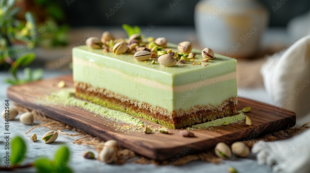 Gourmet Pistachio and Vanilla Bean Dessert on Rustic Wooden Board Gourmet Pistachio and Vanilla Bean Dessert on Rustic Wooden Board