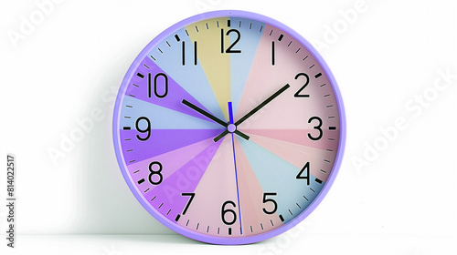 a retro colorful lavender wall clock isolated on a white background, the dial segments are colored in various shades of blue, lavender, and soft pink