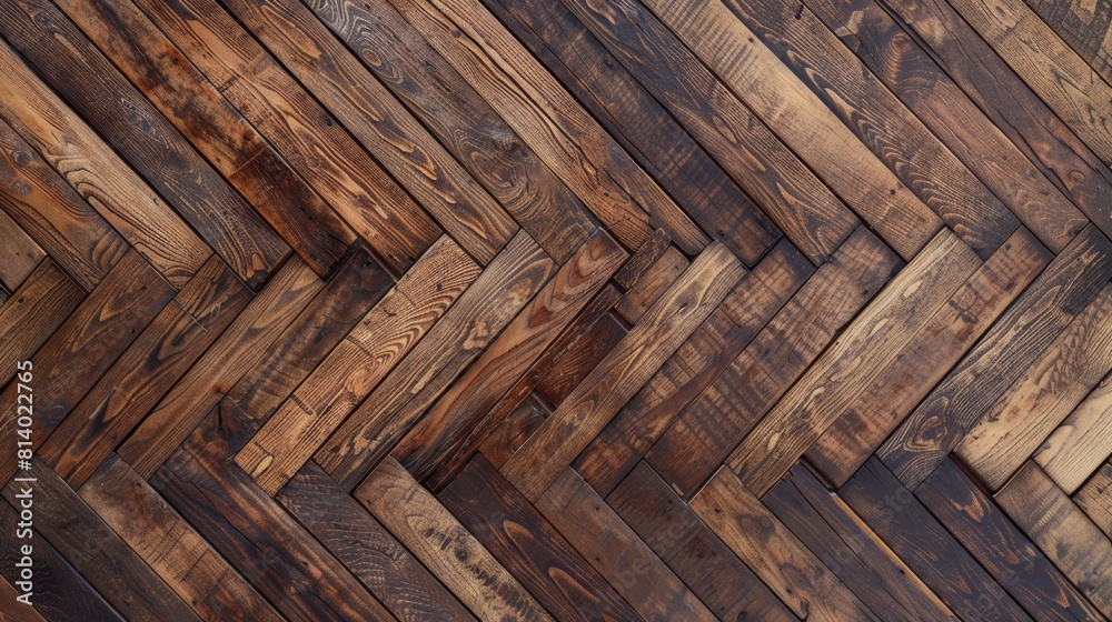 The photo shows a herringbone pattern made of old wooden planks painted in dark brown color The photo shows a herringbone pattern made of old wooden planks painted in dark brown color