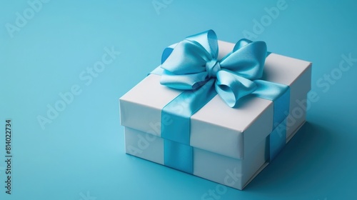luxury gift box with a blue bow on blue, side view monochrome, Fathers day or Valentines day gift for him, Corporate gift concept or birthday party