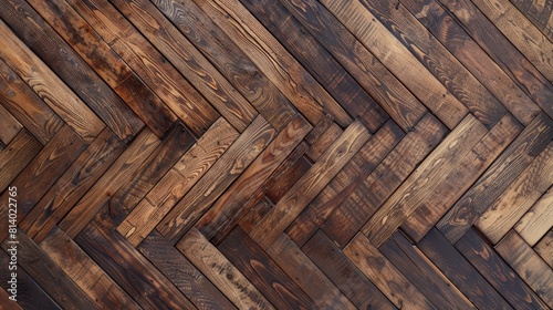 The photo shows a herringbone pattern made of old wooden planks painted in dark brown color