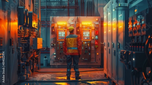 Comprehensive electrical safety maintenance and testing by skilled repairman. Technician inspecting voltage and circuit connections at the main power distribution board hyper realistic  © Business Pics