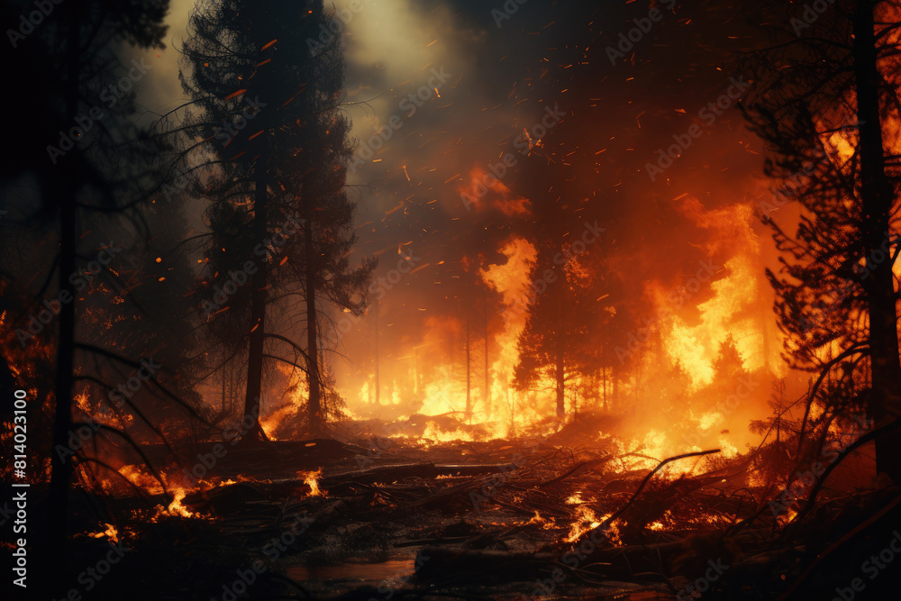 Forest fire in summer. Catastrophe.