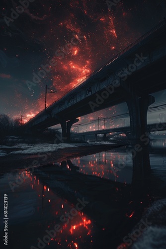 A bridge spanning over a body of water at night. Ideal for travel or urban exploration concepts