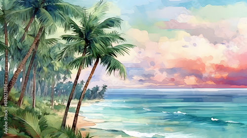 Palm-fringed coastlines watercolor photo