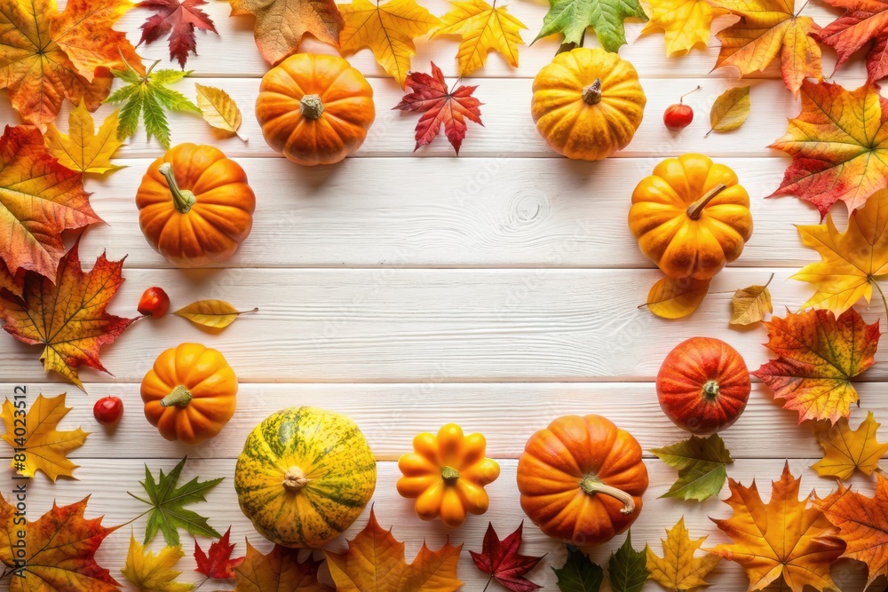 Autumn composition with pumpkins and leaves on white wooden background. Flat lay, top view, copy space Autumn composition with pumpkins and leaves on white wooden background. Flat lay, top view, copy space