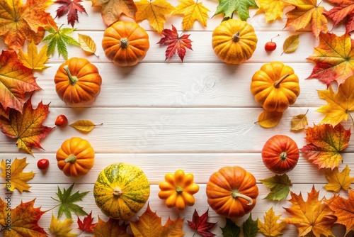 Autumn composition with pumpkins and leaves on white wooden background. Flat lay  top view  copy space