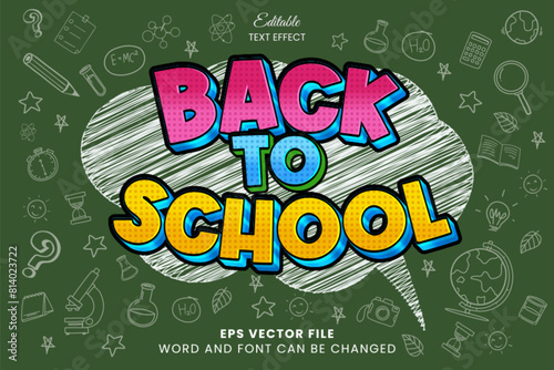 Back to school retro comic on chalkboard 3d editable vector text effect
