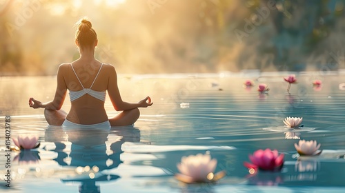 serene woman meditating in a minimalist spa  surrounded by calming waters and floating lotus flowers