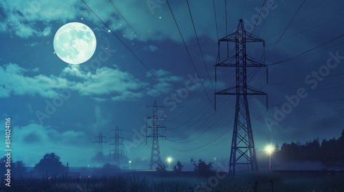 Electric pylons under moonlight at blue night. Electricity lines and electric power station in the sky at night hyper realistic  photo