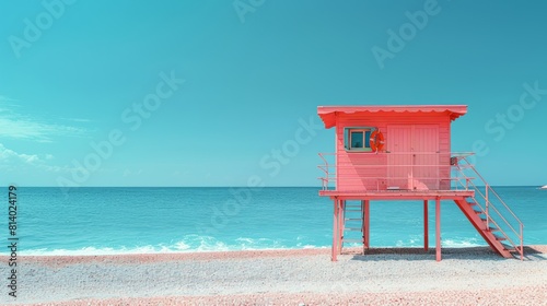 A vibrant lifeguard tower stands on a tranquil beach with a clear sky and calm ocean waters, invoking feelings of relaxation and summer vacation. Copy space, pastel colors. 