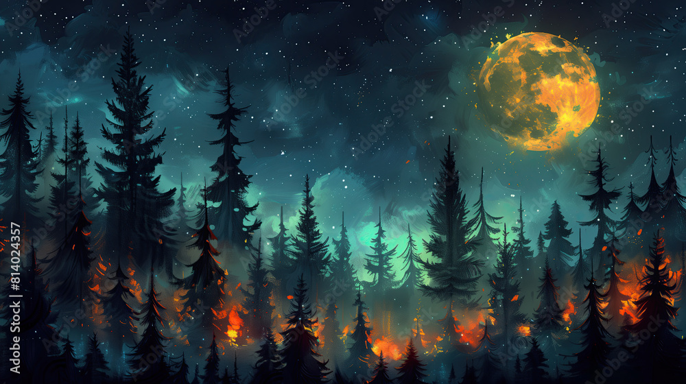 A full moon casts a silvery glow over a forest of dark trees, creating a mysterious and enchanting night scene A full moon casts a silvery glow over a forest of dark trees, creating a mysterious and enchanting night scene