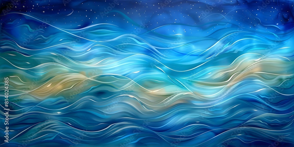 Fototapeta premium Nautical-themed watercolor painting with abstract navy blue and turquoise sea wave pattern on canvas. Concept Painting, Nautical, Watercolor, Abstract, Ocean Waves