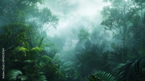 Exotic foggy forest. Jungle panorama, forest oasis. Foggy dark forest. Natural forest landscape. 3D illustration. hyper realistic 
