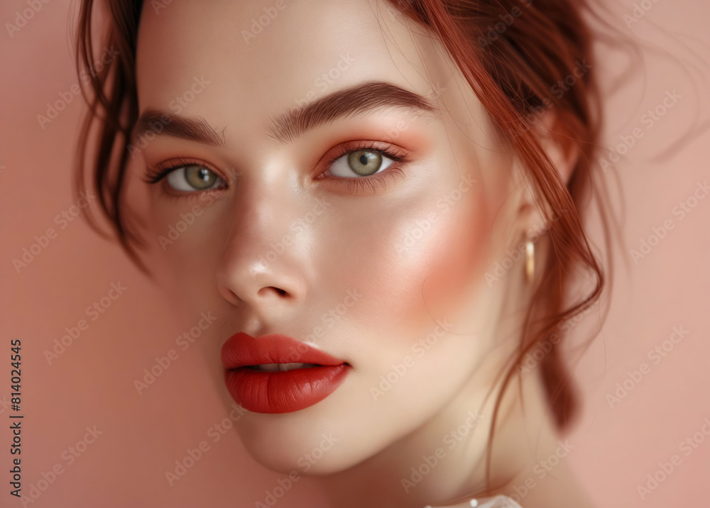 A woman with red hair and bright red lips. A woman with red hair and bright red lips.