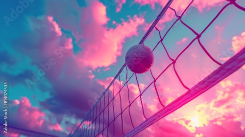 A volleyball caught mid-air against a vivid sunset sky with vibrant pastel colors and dramatic cloud formations. The silhouetted net adds dynamic energy. Summer concept.  photo