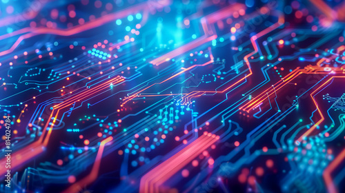 A close up of a computer circuit board with many colorful lights photo