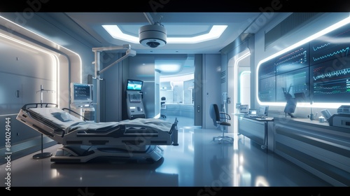 Futuristic hospital room with high tech AI technology equipment. Generative AI. hyper realistic 