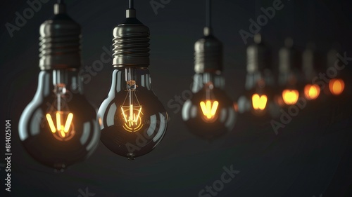 Glowing light bulbs on dark backgrounds, suspended in a row, some higher, some lower, view from a distance photo