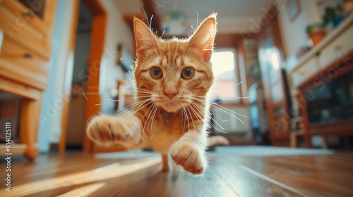 Ginger cat jumping around playing with a cat toy at home. Having fun with pets indoors. Super wide angle shot. hyper realistic 