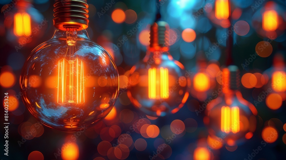 Glowing light bulbs on dark backgrounds, suspended in a row, some higher, some lower, view from a distance Glowing light bulbs on dark backgrounds, suspended in a row, some higher, some lower, view from a distance