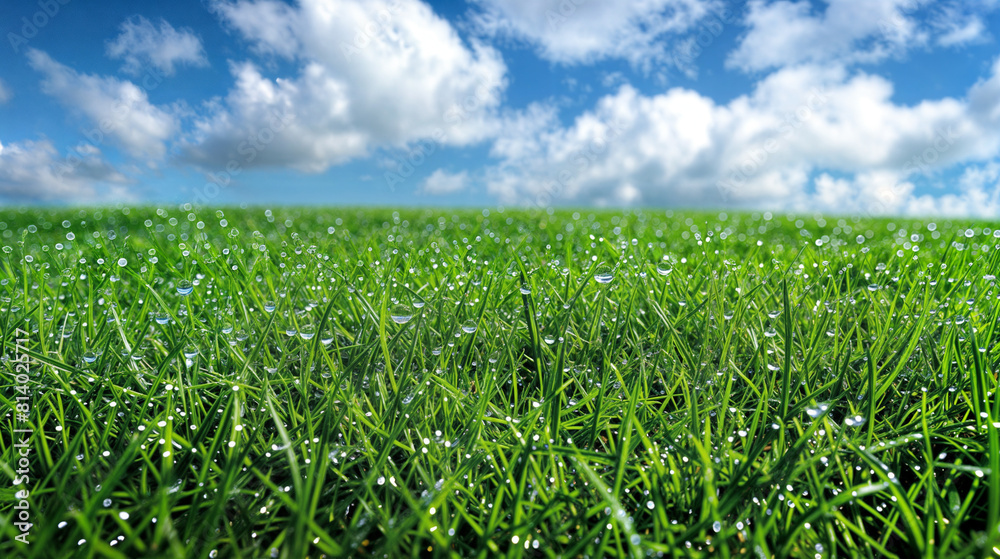 Morning Dew Glistens on Blades of Green Grass Against a Backdrop of Clear Blue Sky with Fluffy Clouds