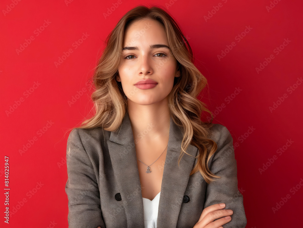 A beautiful woman in a gray suit standing against a red background. A beautiful woman in a gray suit standing against a red background.